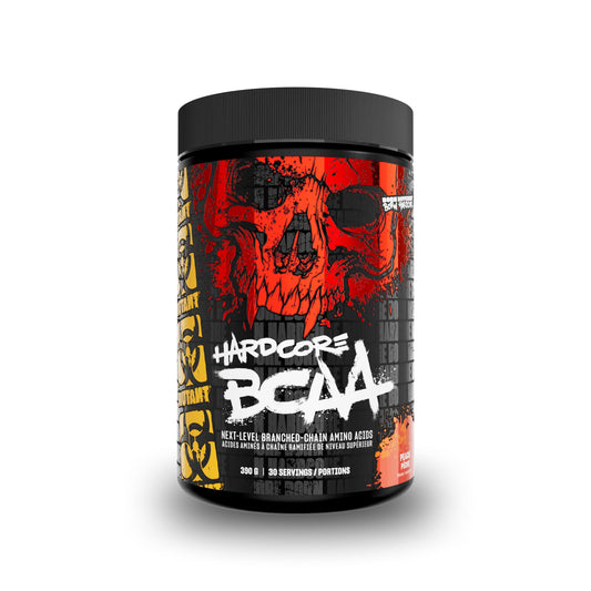 A black plastic tub of Hardcore BCAA next-level branched-chain amino acid powder, featuring a bold red and black skull graphic on the label with white text, set against a plain white background.