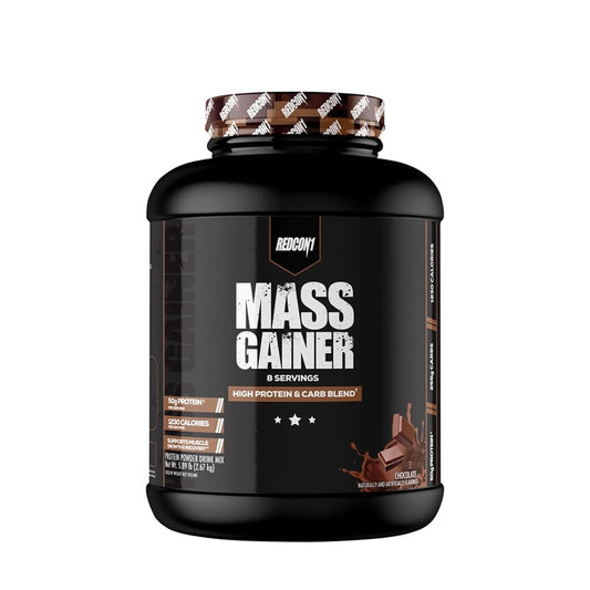 Mass gainer supplement container with chocolate flavor on a white background