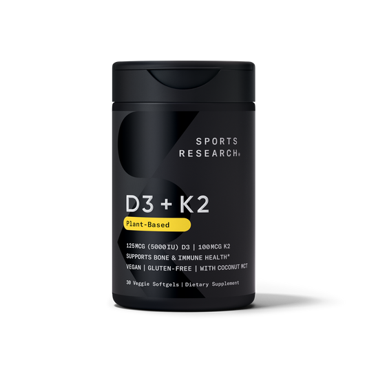 Sports Research Vitamin D3 + K2 30 viên - mặt trước, D3 5000 IU và K2 MK-7 100mcg thuần chay