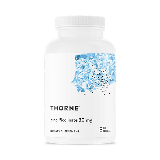 Thorne Zinc Picolinate 30 mg dietary supplement bottle on a white background